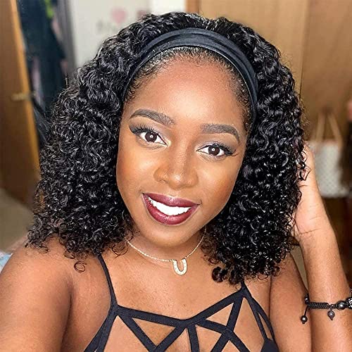 Perruque Bandeau Cheveux Humain (10 Pouces) Perruque Bresilienne Bouclée No Lace Front Headband Wig Deep Wave Sans Colle Perruques pour les Femmes Noires...