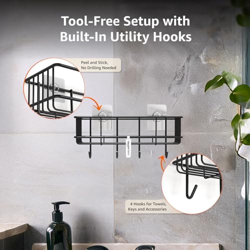 Image of Amazon Basics Wall Mounted Bath Rack with Hooks | Self adhesive| Mild Steel Bathroom Shelf for Toiletries, Loofahs & Razors | Sturdy, Easy to Clean, Rust-Resistant Bathroom Organizer - 28 x 12.2 x 9.6 cm, Pack of 2, Black