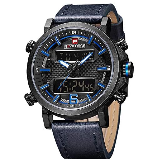 NAVIFORCE Relógio masculino analógico digital à prova d'água, esportivo, pulseira de couro, com alarme, mostrador duplo, data, relógio de pulso, preto + azul + azul, Digital
