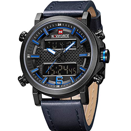 Mens Digital Analog Watches Waterproof Sport Leather Band Watch with Alarm Dual Display