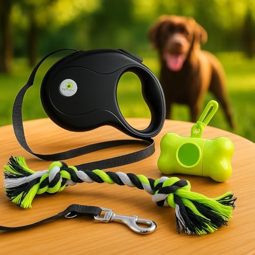 Correa Extensible para Perro con Portabolsas y Juguete, Kit de Paseo Completo y Resistente para Perros Pequeños y Medianos, Correa Flexible Larga para Paseos controlados, Bloqueo Seguro