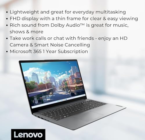 Lenovo IdeaPad 1 Student Laptop, 15.6" FHD Display, Intel Dual Core Processor, 12GB RAM, 256GB SSD + 128GB eMMC, 1 Year Office 365, Wi-Fi 6, SD Card Reader, W11H, Grey, Additional 1 Yr ADP - 2