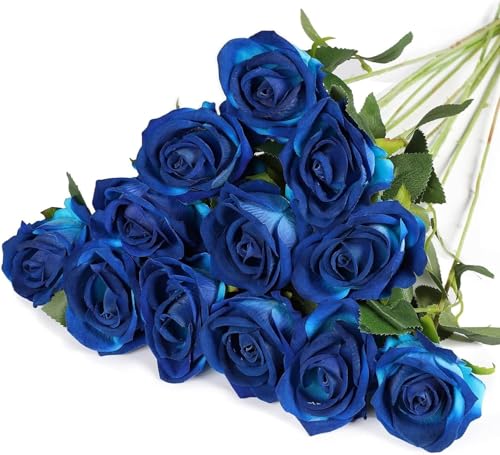 GIUSOBG Künstliche Rosen 12 Stücke Kunstblumen Seidenblumen 51 * 7cm Künstliche Blumen Rosen Künstliche Blumen Realistische Einzelstielblumen für Hochzeitsfeier, Valentinstag (Blau)