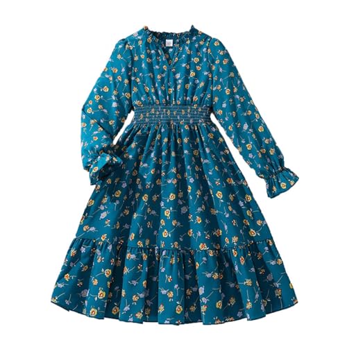 Girls Casual Floral Dress Long Sleeve A-Line Smocked Chiffon Pleated Midi Dresses for Teen Girl (Blue #6, 10-11 Years)