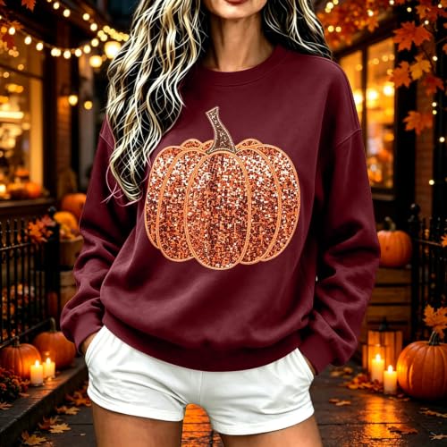 Pumpkin Sweatshirt Women Sequin Oversized Crewneck Halloween Sweatshirts - image 2