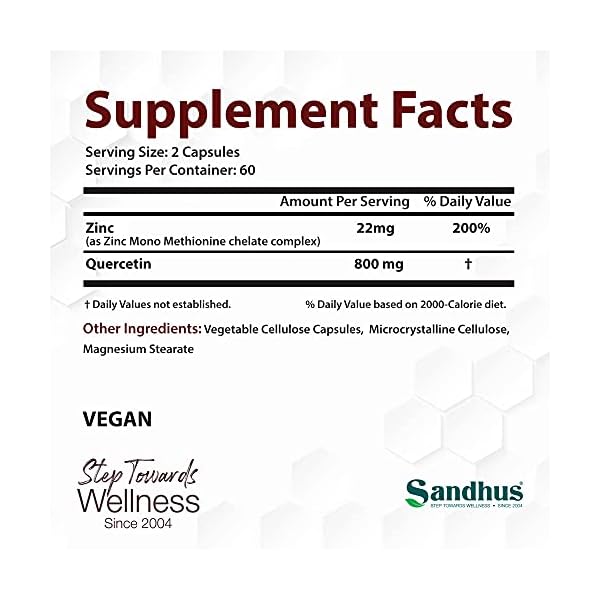 Zinc-Quercetin-120-Vegetarian-Capsules Sandhu's Zinc Quercetin 120 Vegetarian Capsules – Zinc Supplements for Antioxidant Immune Support Zinc for Men and Women – Gluten, Soy, Dairy Free