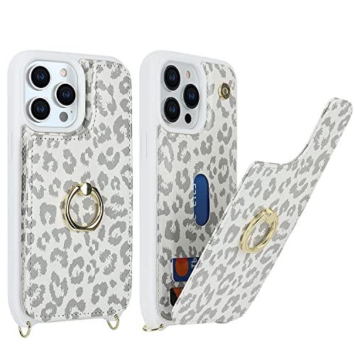 Image of for iPhone 13 Pro Case with Card Holder and Strap for Women,Crossbody Lanyard,RFID Blocking,Kickstand Ring Stand,Snap Clasp,Cute Phone Wallet Cases 6.1 inch(White Leopard)