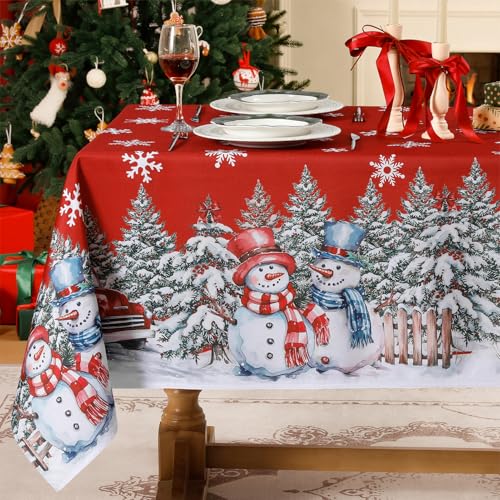 Softalker 大判クリスマステーブルクロス 赤 240×140cm長方形 雪だるま＆クリスマスツリーデザイン 正月桌布 テーブルクロス-撥水・防汚・耐熱 おしゃれ 北欧風 食卓カバー 家庭用/新年/クリスマス/カフェ/式典/パーティー用 Xmas Table cloth for Dining Table