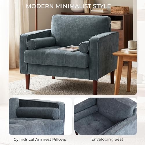 Image of Accent Chair, Chenille Upholstered Armchairs for Living Room, Comfy Single Sofa Bedroom Reading Seat with 2 Bolster Pillows, Blue
