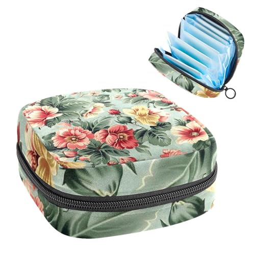 Portable Menstrual Pad Bags, Large Capacity Sanitary Napkin Storage Bag, First Period Kit for Girls Women, Zipper Nursing Pad Holder Pink Yellow Flowers Green Leaves