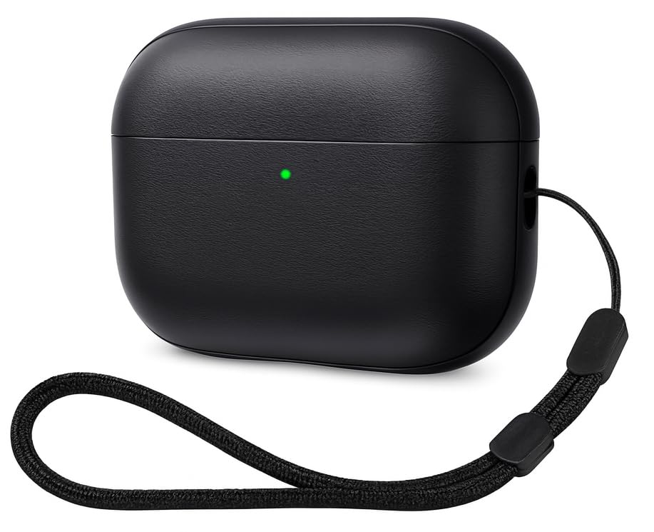 Image of Hybrid Vegan Leather TPU Case Cover for Apple Airpods Pro 3 (2025), with Lanyard (Leather Suede Black)