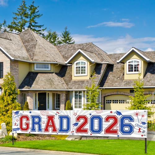 Image of Red Blue Graduation Decorations Class of 2026 Yard Sign Banner Large Red White and Blue Congrats Grad Banner Yard Sign for Graduation Party Supplies