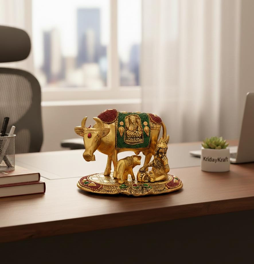 Image of KridayKraft Kamdhenu Cow,Calf with Bal Gopal Krishna Metal Statue for Good Luck,Feng Shui As Table Top Figurine,Vastu,Religious Gau MATA Idol Home,Office&Table Decorative,Animal.