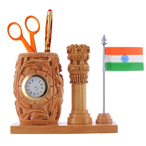 Image of Craft Trade 14x12 Cm Round Wooden Pencil Holder with Clock Ashok Stambh and Indian Flag - Brown Carved