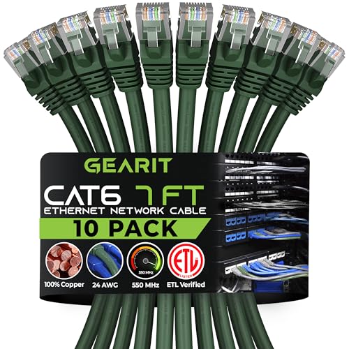 GearIT Cat 6 Ethernet Cable (10-Pack 7 Feet) Cat6 Network Patch, 10Gbps, RJ45, Snagless Cord, Gold-Plated Connectors, Internet for PC, TV, Tablet, Router, Printer, Servers, IT Data Center - Green