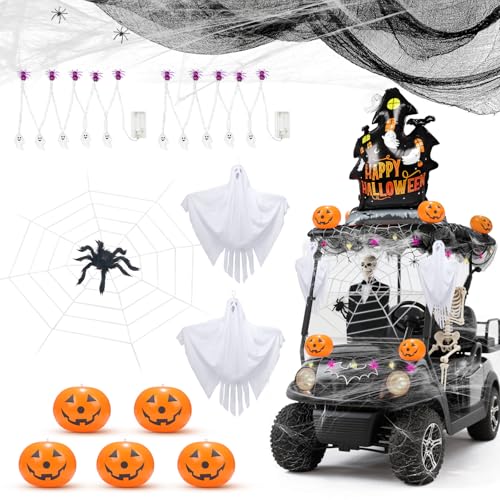 Halloween Golf Cart Decorations Kit, Halloween Car Decor - Fake Spider Web, String Light, Flying Ghost, Pumpkin Balloon, Large Castle Foil Balloon, Giant Spider Web and Spider for Indoor Outdoor Decor