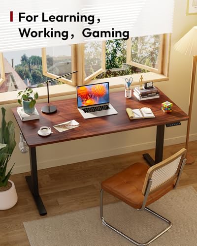 Image of SANODESK Electric Standing Desk 55 x 28 Inches Whole-Piece Desktop Height Adjustable Stand Up Desk w /6-Button Controller Ergonomic Computer Desk for Home Office, Black Frame + Mahogany Tabletop