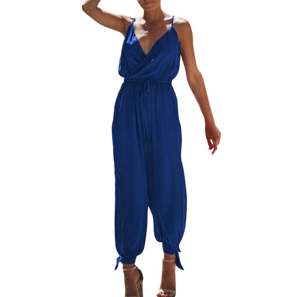 Women Playsuit Sale Summer Jumpsuits Beach Playsuits Sunday77 Plus Size Floral V-Neck Vest Hole Wide Leg Loose High Waist Party (❀Blue, XL)