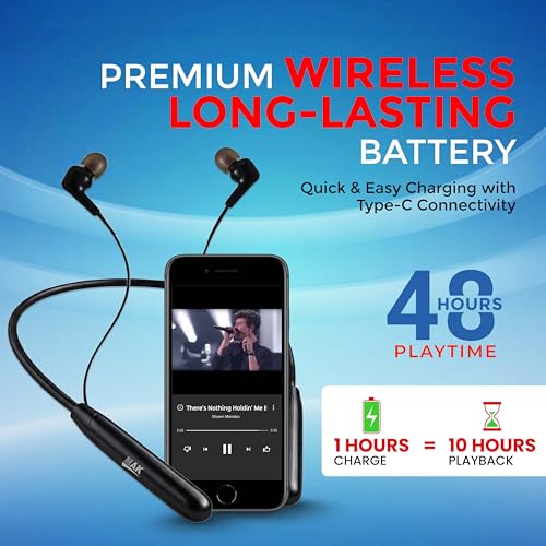 Image of MAK Premium Wireless Neckband Earphones with 12mm Bass Driver, Magnetic Eartips, Fast Type-C Charging, Lightweight & Comfortable Secure Fit Bluetooth Earbuds in Black.