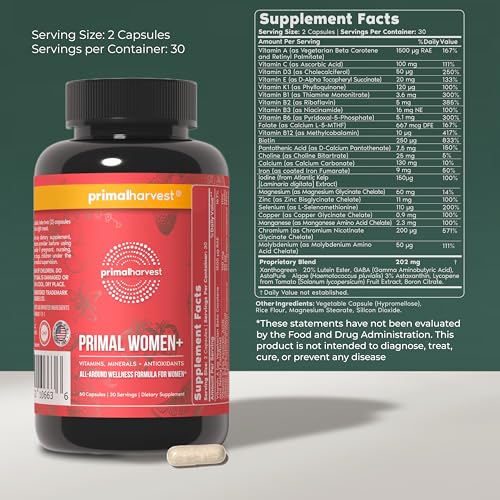 Primal Harvest Women+, Woman's Multivitamin Vitamin A, Vitamin C, Vitamin D and E, Vitamin B12, B6, Biotin, Zinc Supplements,1 Pack 60 Capsules - Image 3
