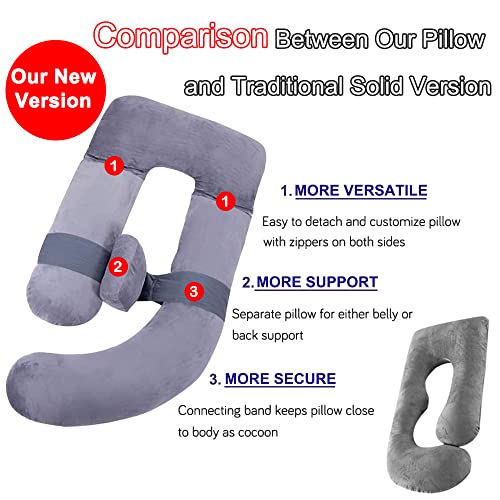 Image of 60in Full Body Pillow | Nursing, Maternity and Pregnancy Pillow | Extra Large U Shape Pillows with Detachable Side, Separate Support Pillow and Removable Cover (Velvet and Jersey Grey)