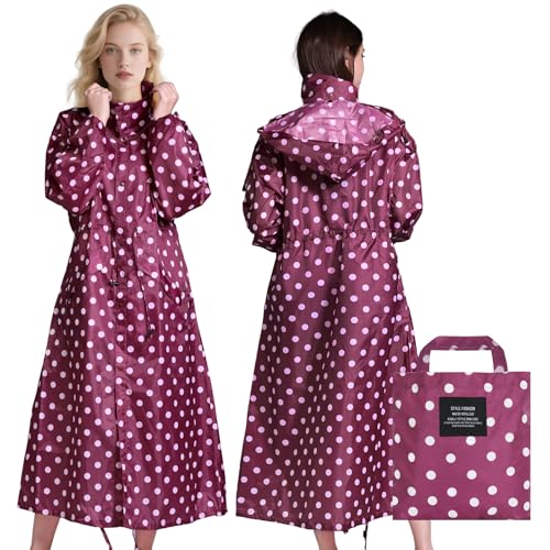 LAMA Stilvolle Lange Regenjacke Regenmantel Regenponcho mit wasserdichte Pattentasche Kapuze Tunnelzug Erwachsene Regenbekleidung Regencape Raincoat Regenschutzbekleidung Damen, Rosa Tupfen XXL