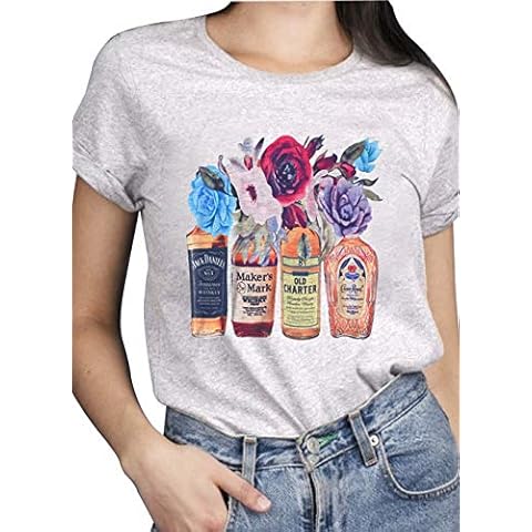 Summer Funny Whisky and Flower Graphic Women T Shirts Cute Casual Vintage Short Sleeve Workout Tee Tops for Drinking Party - Grey - XX-Large Cover