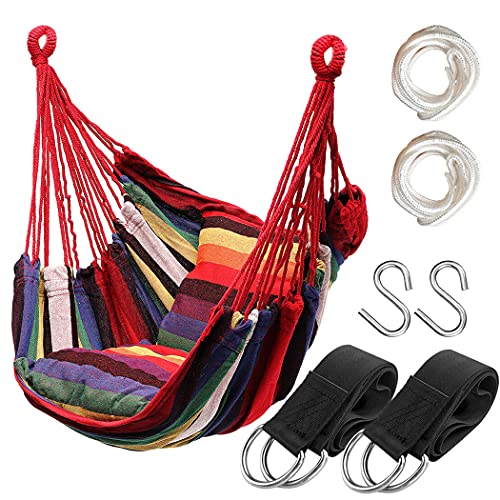 hatisan Hamaca Colgante de Cuerda para Interiores y Exteriores, Hamaca de Tejido de algodón Resistente, Hamaca Colgante de máximo 300 Libras para Dormitorio, Patio, Porche (Poste y Almohadas no