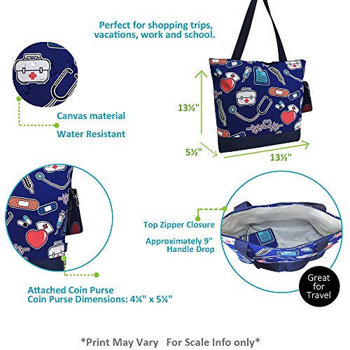 Image of NGIL Medium Top Zipper Closure Canvas Tote Bag with Attached Matching Coin Purse For Moms and Nurses