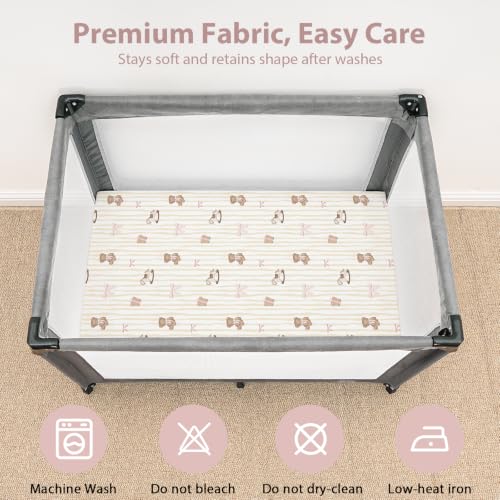 Image of Baby Mini Crib Sheets Girl, Portable 38 inchx26 inch Pack and Play Sheets Fitted for Playard and Pack N Play Mattress, 3-Pack Soft Microfiber Pink Bear