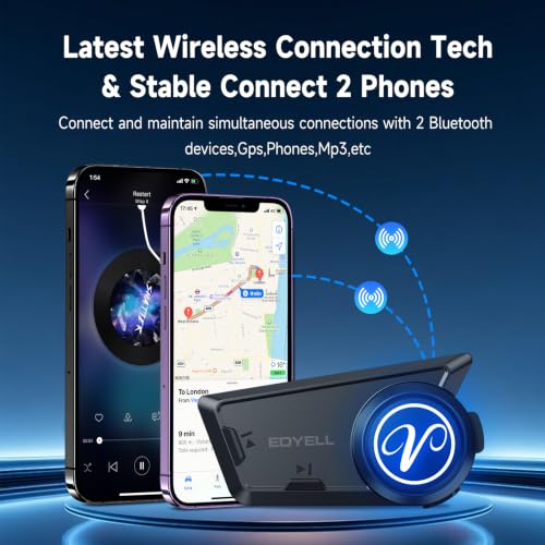 Image of EDYELL V2 Motorcycle Helmet Bluetooth Headset,Helmet Speakers with 2 Type Mics,Connects to 2 Phones at The Same Time Using Music & GPS,Compatible with All Helmets