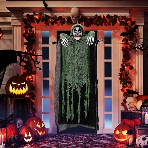 Image of Pop The Party Spooky Hanging Skeleton Ghost Decoration with Green Tattered Cloak - Scary Prop for Halloween, Haunted House & Party Decor
