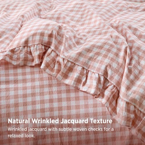 Image of Bedsure Gingham Ruffle Duvet Cover Set, Full, Cotton-Like Quilt Cover, Pink