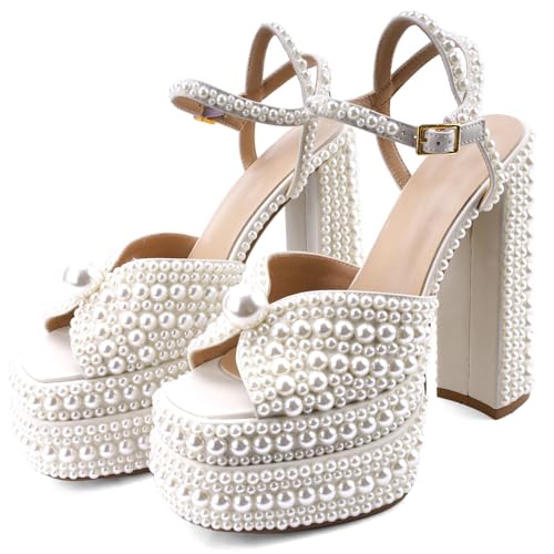 White Pearl Platform Heels For Women Chunky Heeled Sandals Square Peeped Toe Ankle Strap High Heels Slingback Dress Evening Bride Bridal Shoes