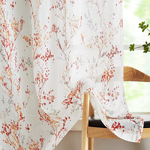 Image of Treatmentex White Semi Sheers Curtains with Red Orange Tree Branch Print Pattern Window Curtains for Living-Room 84 inch Grommet Top Privacy Curtain Drapes Watercolor Design Curtain Panels 2 pcs