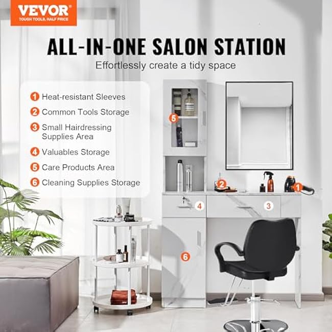 VEVOR Salon Station, Wall Mount Barber Salon Station for Hair Stylist, Beauty Spa Furniture Set, 1 Storage Cabinet, 3 Cubbies and 2 Drawers(One Lockable), White-pqZ3XXqX
