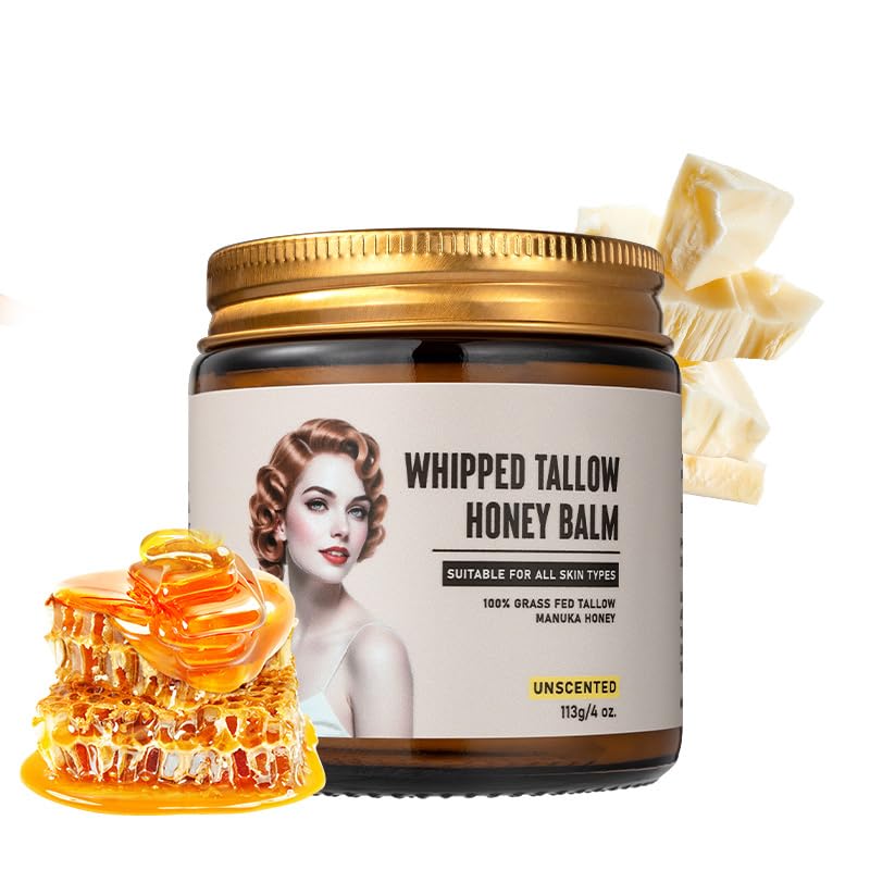 Tallow and Honey Balm for Face, Beef Tallow for Skin, Organic Grass-Fed Beef Tallow for Skin with Raw Honey & Jojoba Oil, Whipped Moisturizer for Face & Body, Dry Skin Care, Non-Greasy, Unscented