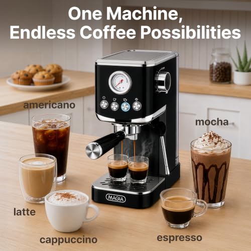 Image of Zulay Kitchen Magia Compact Espresso Machine - 20 Bar Coffee Maker with Milk Frother Steam Wand, Latte & Cappuccino Maker, 1350W Fast Heating, 40oz Removable Water Tank, Stainless Steel - Black