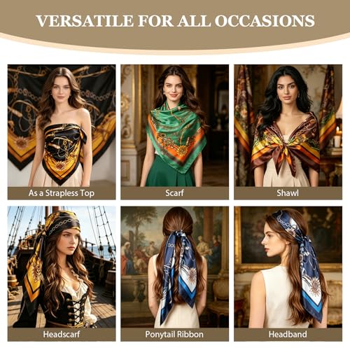 Image of DRESHOW 35 inch Large Square Satin Head Scarf - 4Pcs Silk Accessories Classic Patterned Squares Beach Bandanas for Women