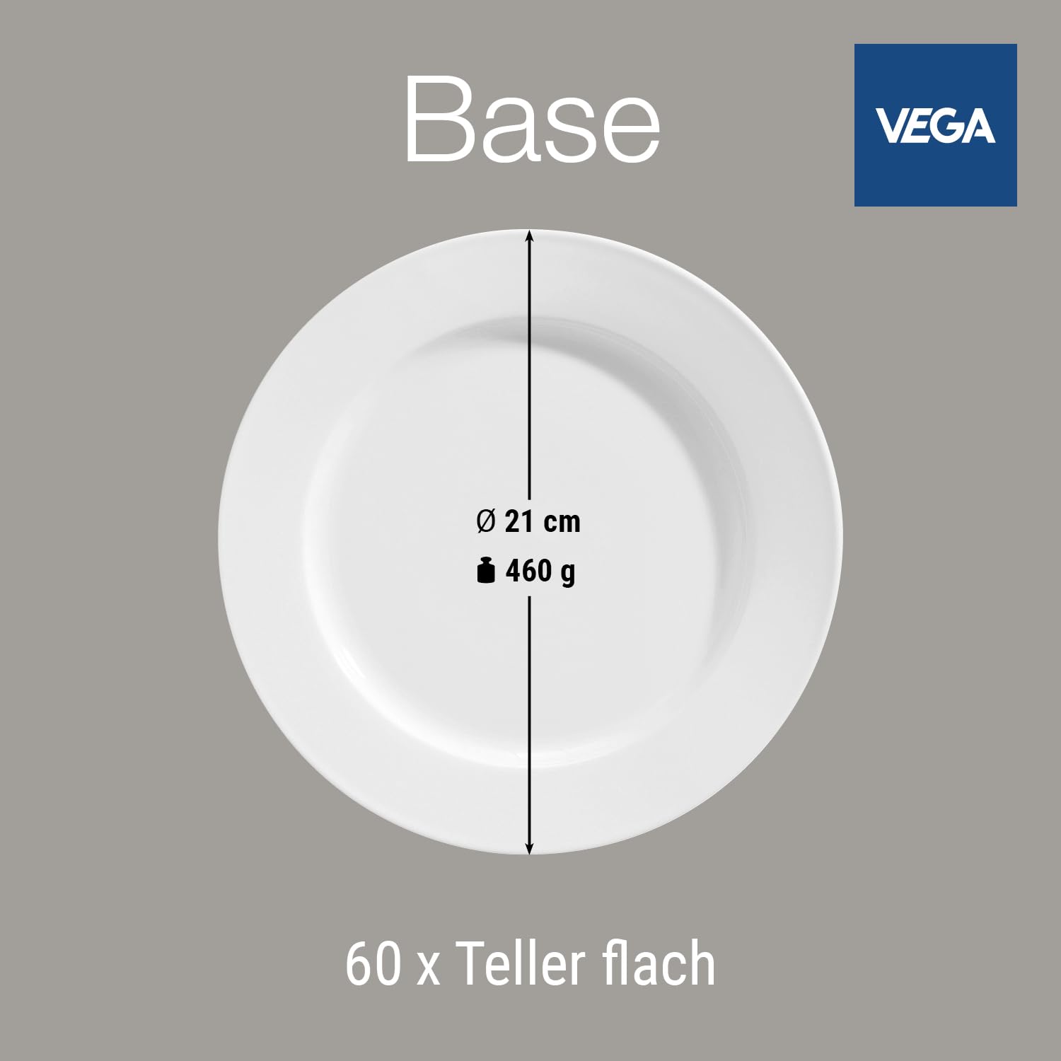 VEGA Base Teller flach 60 Personen – Ø 21 cm, Hotelporzellan weiß, spülmaschinenfest, mikrowellengeeignet, stapelbar – für Vorspeise, Salat, Dessert, Kuchen & Buffet – Robuste Gastro-Qualität