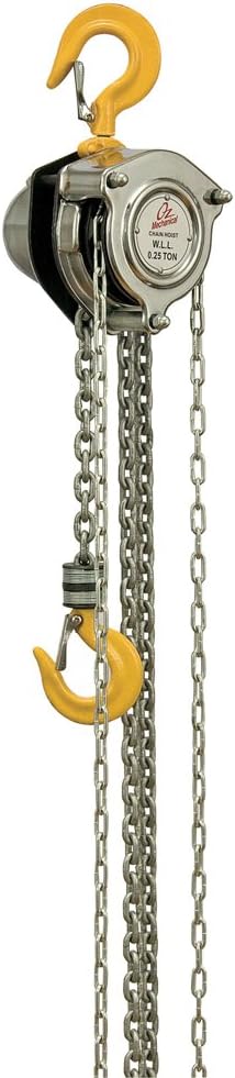 OZ Lifting Mechanical Hand Chain Hoist, Hook Mount, 1/4 Ton Capacity, 10' Lift, 8-31/32" Headroom, 11/16" Hook Opening