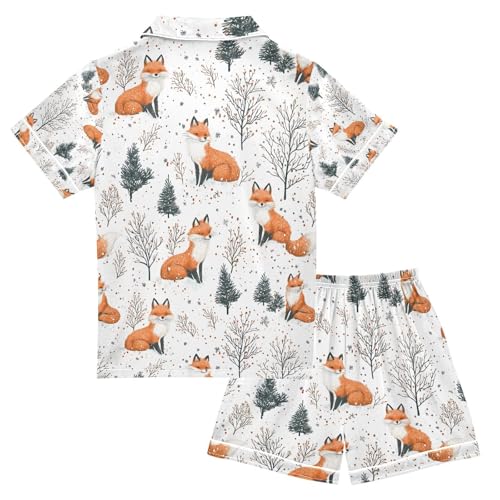 senya Cute Fox on Snow Satin Summer Pajama Sets Silk Short Sleeve Button Down Sleepwear2