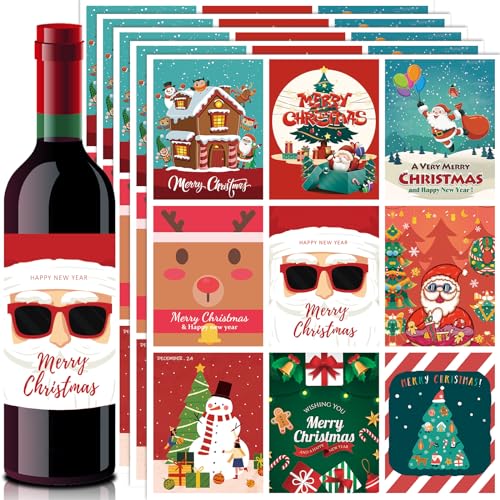 Comesix 45 Pieces Christmas Wine Bottle Label Stickers, 3.5 * 4.5
