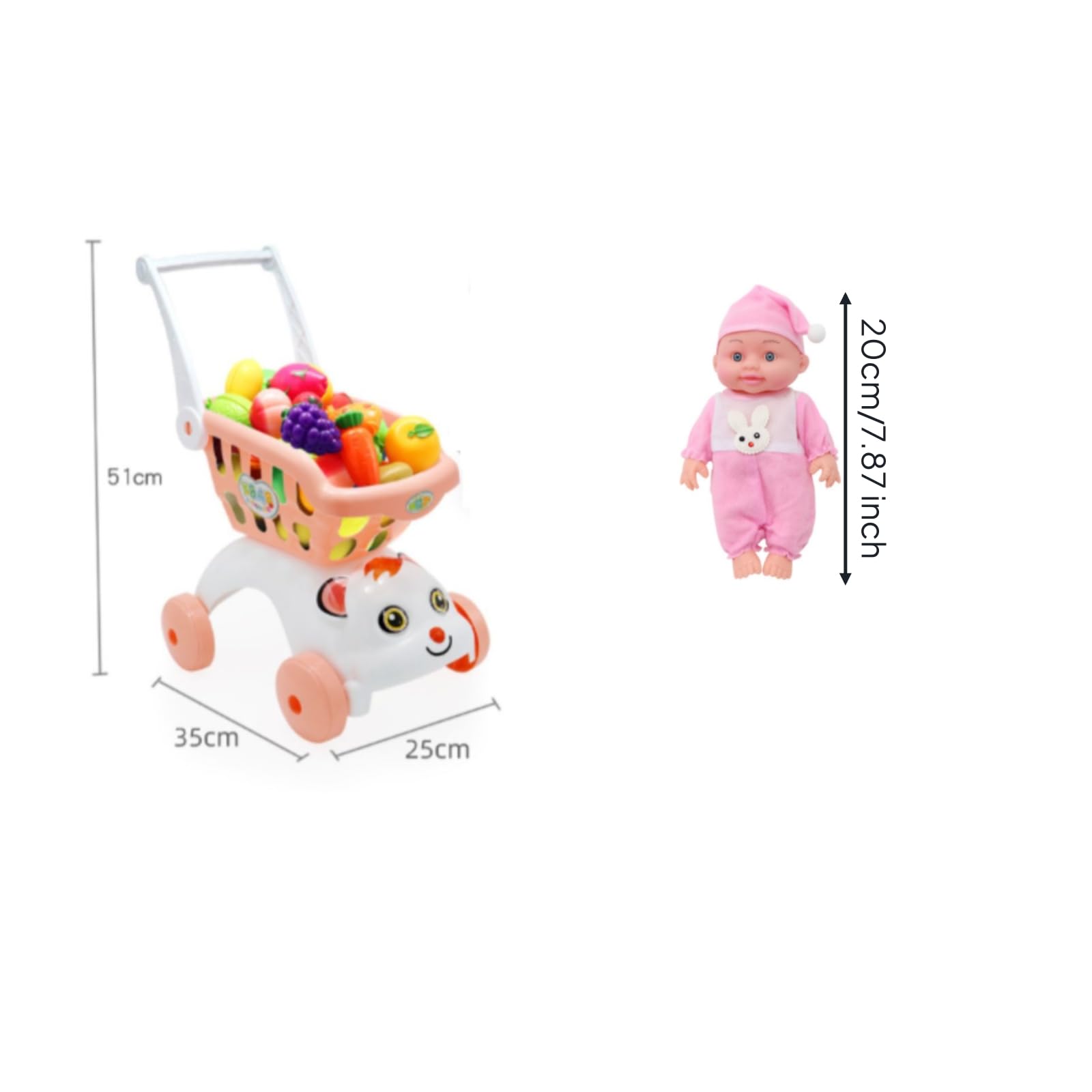 Milageto Carrello Spesa Giocattolo Interattivo Carrello Giocattolo con Prodotti Ortofrutticoli Finte Idea Regalo per Bambini,