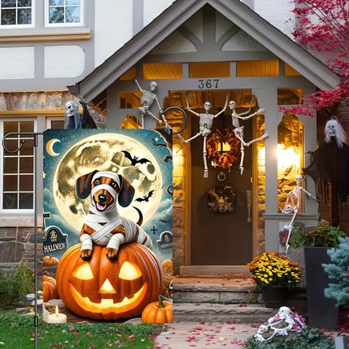 Image of Happy Halloween Garden Flags Ghost Dog Skeleton Dachshund Dog Small Yard Flag for Outdoor Decor 12x18 Inch Vertical Double Sided for Outside Decoration