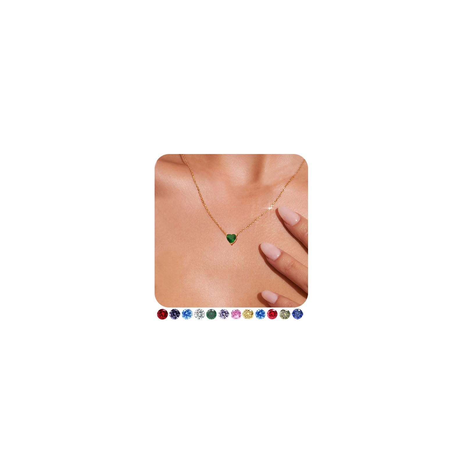 FUNEIABirthstone Necklace for Women Trendy Dainty Gold Silver Heart Necklaces for Women Non Tarnish Emerald Green Blue Cubic Zirconia Necklace Jewelry Birthday Gifts for Teen Girls Mom Daughter
