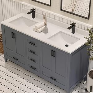 Rooh60incharcoalgreydoublesinkbathroomvanitysetwithwhitequartzcountertop4softclosingdoors5fullextentionsoftclosedrawersblackhardware Urban Country Home Decor Rooh 60 in charcoal grey double sink bathroom vanity set with white quartz countertop 4 soft closing doors 5 full extention soft close drawers black hardware urban country home decor