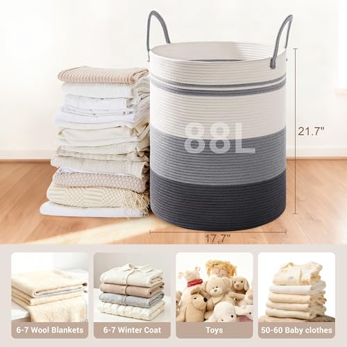Image of 88L Large Tall Cotton Rope Laundry Basket with Handle, Grey Striped