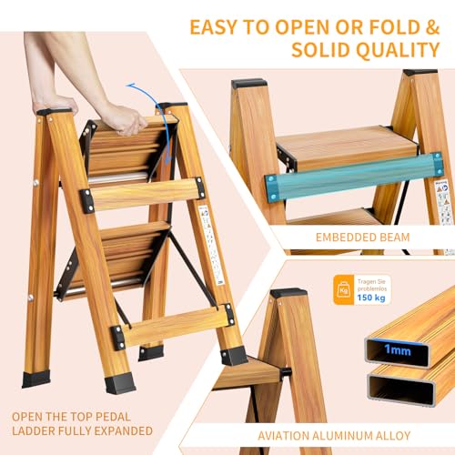 KULACO Trittleiter 2 Stufen klappbar, Aluminium Klappleiter, Tragbare Stufenleiter, rutschfeste Haushaltsleiter, Multifunktionsleiter Holzmaserung Design für Haus und Camping, Belastbar bis 150 kg