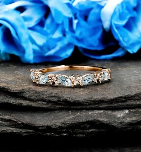 Marquise Cut Aquamarine Wedding Band – Vintage Matching Band for Women – Solid 14K Rose Gold Stacking Ring – Dainty March Birthstone Ring – Handmade Fine Jewelry2
